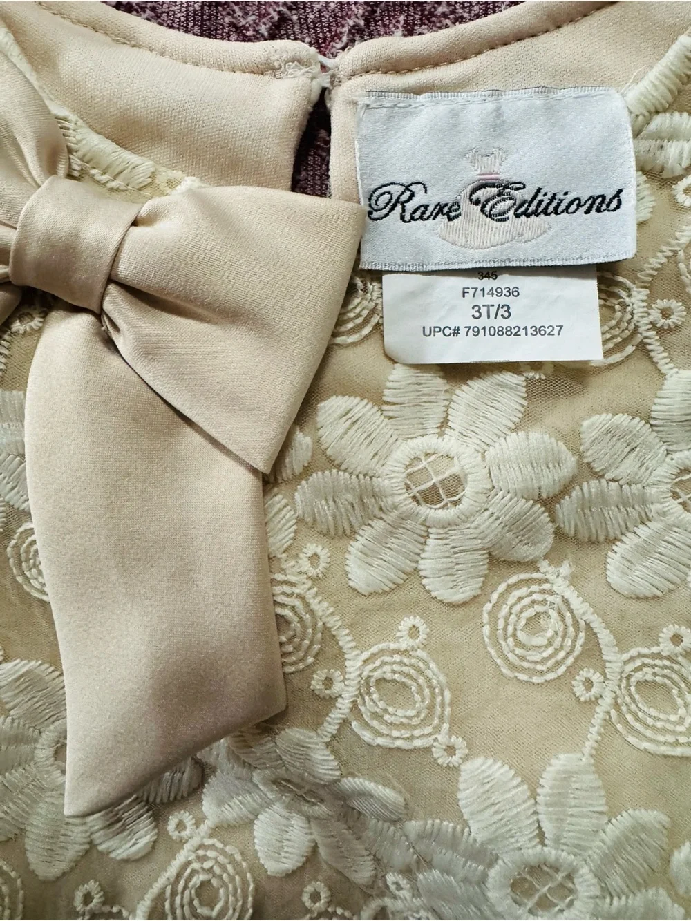 Rare Editions Cream Floral Lace Bow Dress Top Size 3T